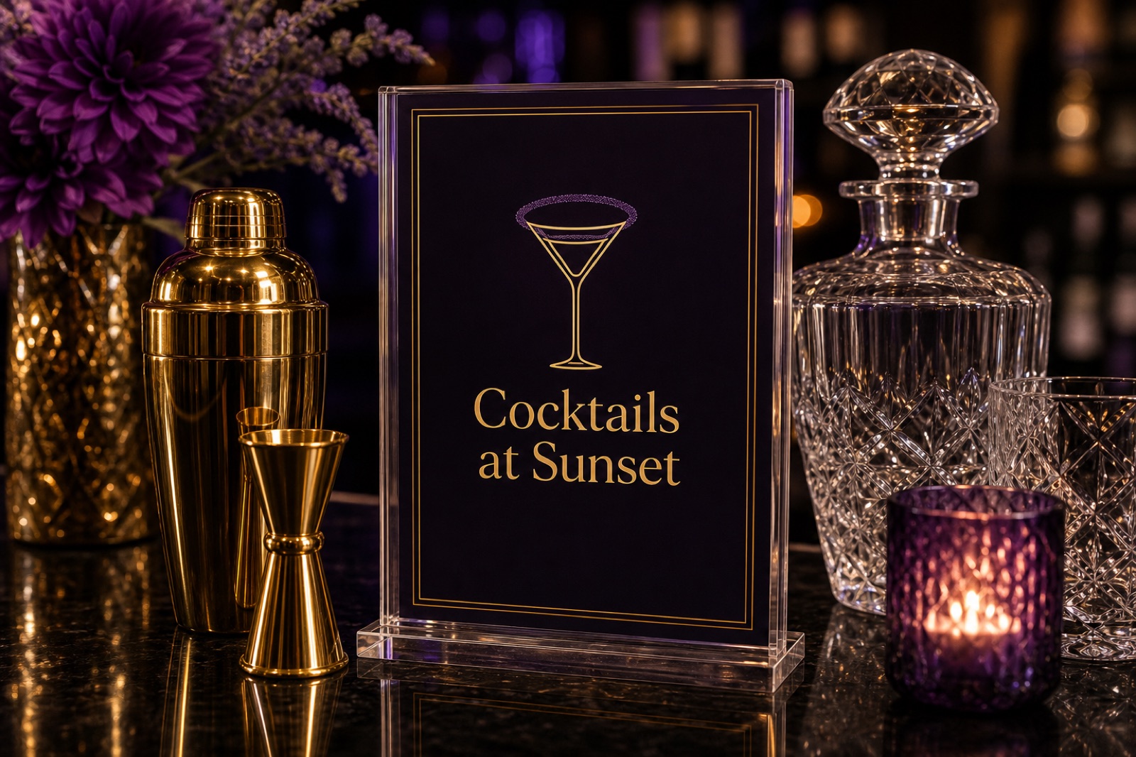 Cocktails at Sunset branded bar menu and gold tools