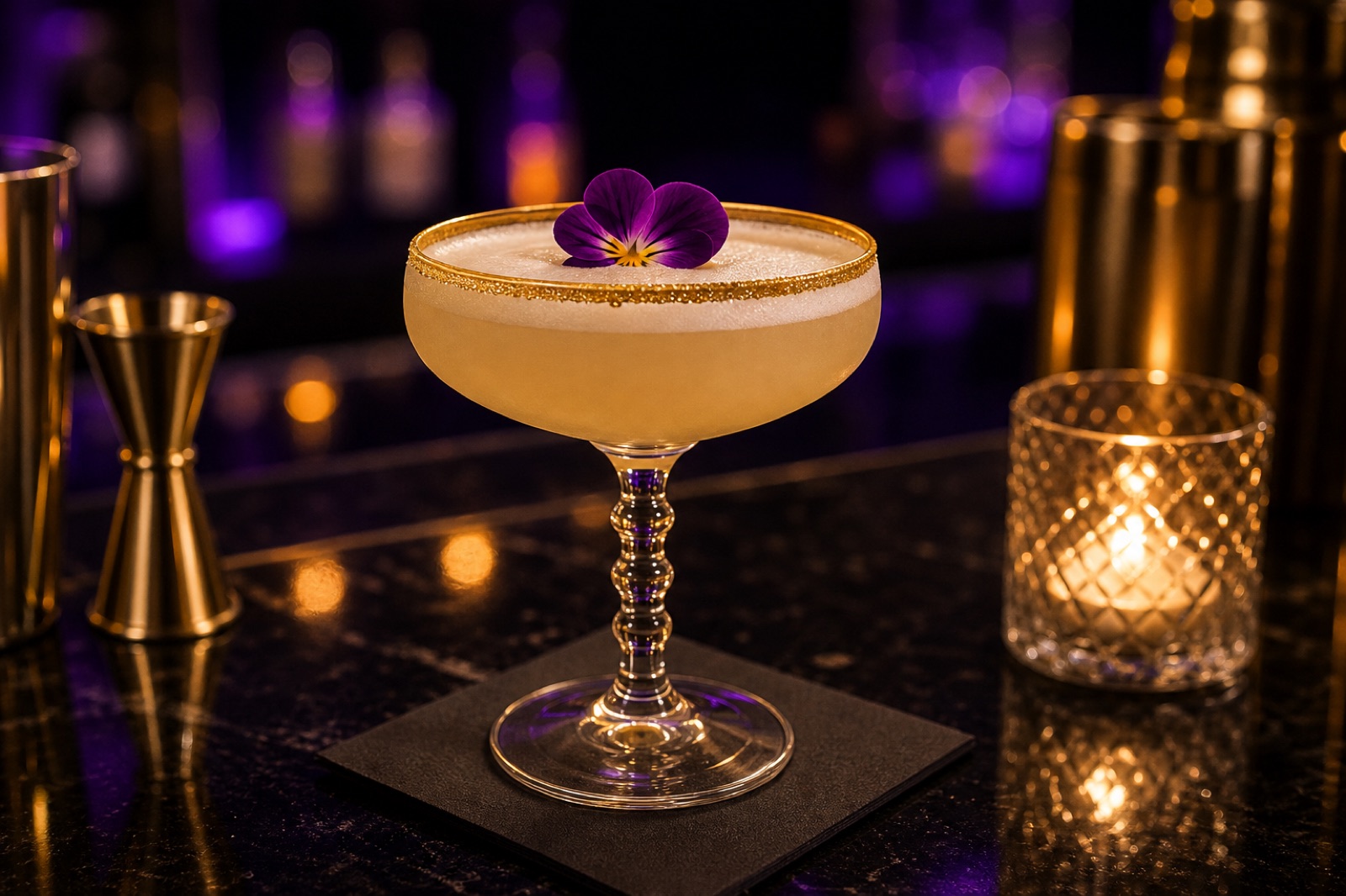 Gold-rimmed coupe cocktail with edible flower