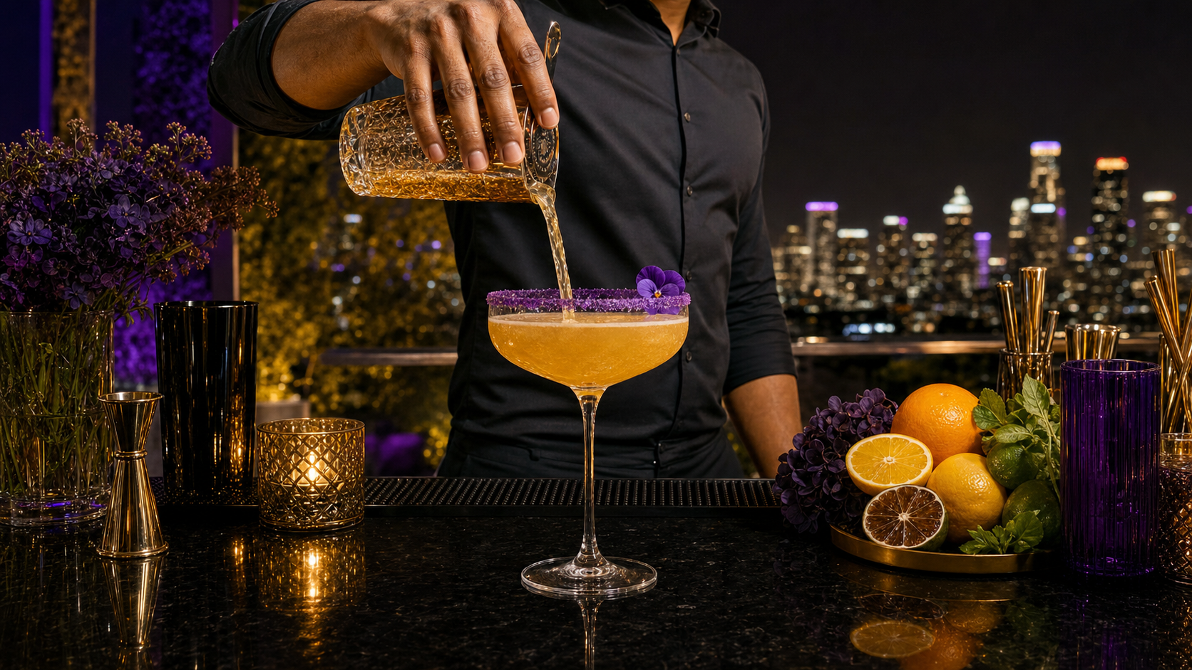 Bartender pouring a gold cocktail at a rooftop bar overlooking the Los Angeles skyline